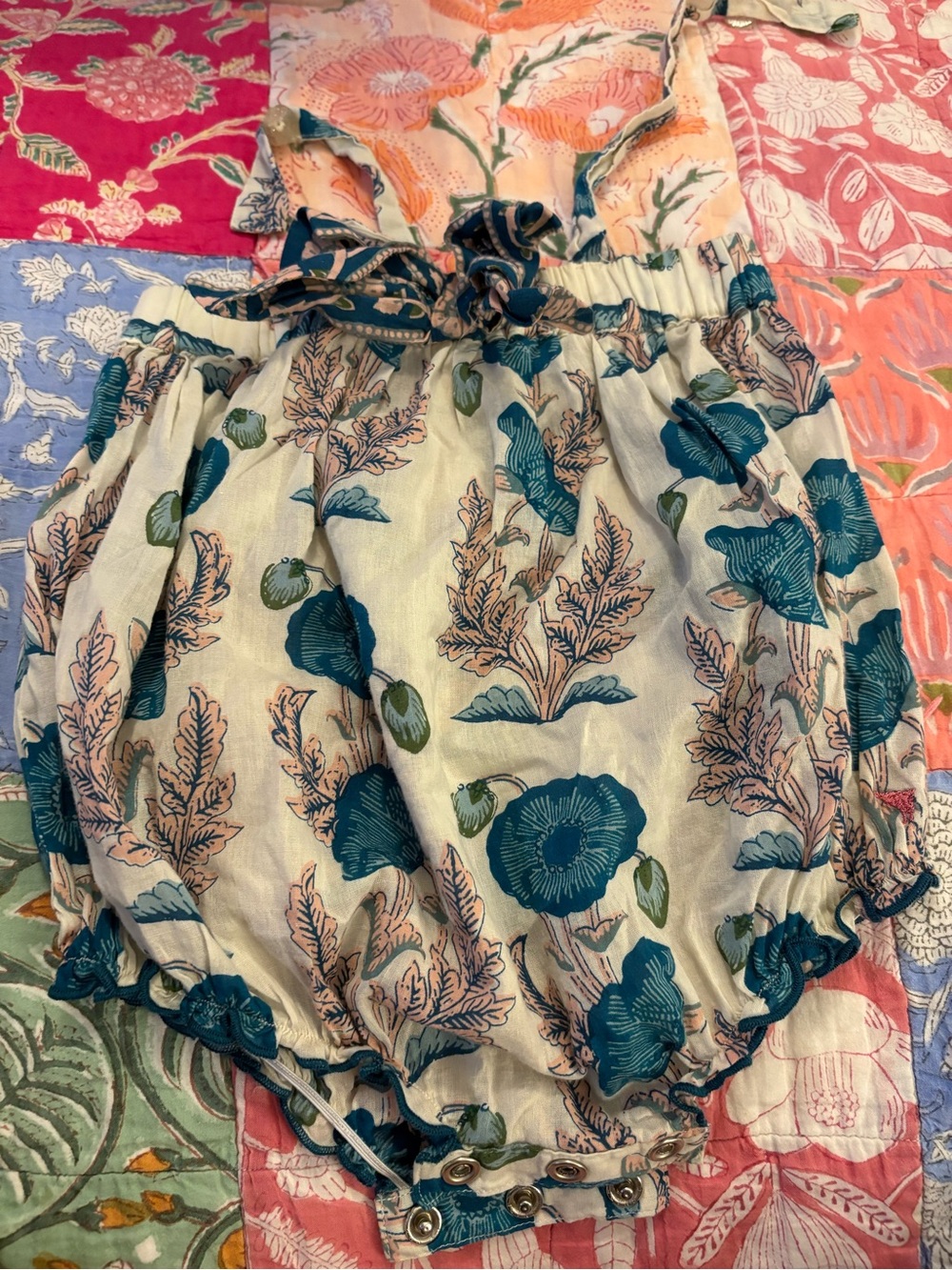 Pink Chicken Block Print Bow Romper